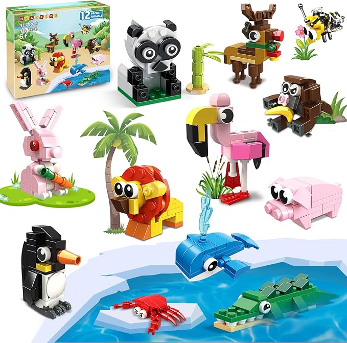 HOGOKIDS Party Favors for Kids - 12 Pack Animals Building Blocks Toy for Easter Gifts Goodie Bags Classroom Prizes Stocking Stuffers Building Set Valentines Day Birthday Gift for Boy Girl Ages 6-12+
