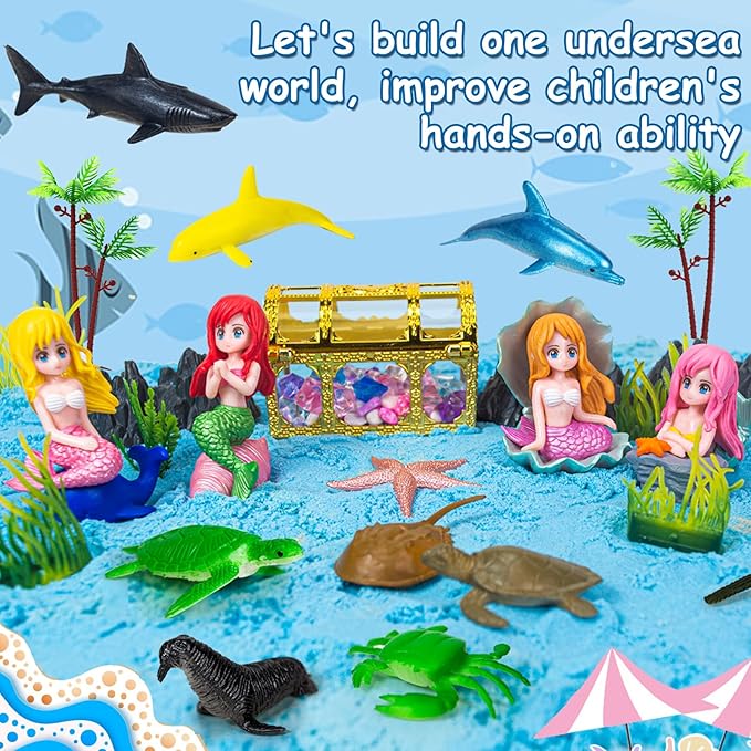Ocean Sensory Bin, Mermaid Play Sand Kits Sensory Playsand for Boys Girls Ages 3 4 5 6 7 8 Gifts, 57 Pcs Mermaid Sensory Sand Kit Toys Castle Sea Animal Molds Sandbox Play Sand Kits Gift