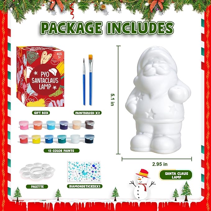 FUNZBO Paint Your Own Christmas Lamp, Christmas Crafts for Kids Adults, DIY Santa Figurines, Art Supplies Painting Kits, DIY Christmas Gifts Activities for Grils Boys Age 3 4 5 6 7 8 9 10 11 12