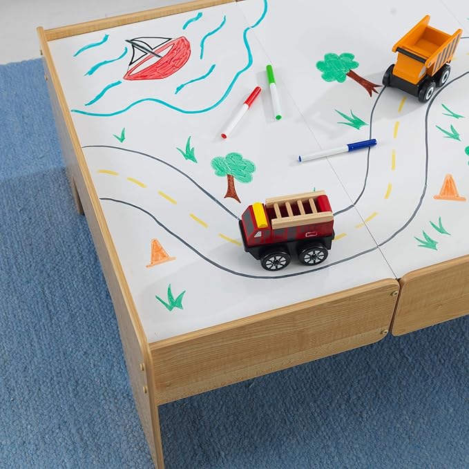 KidKraft Double-Sided Wooden Train and Activity Table with Built-in Storage Drawer, Natural, Gift for Ages 3+