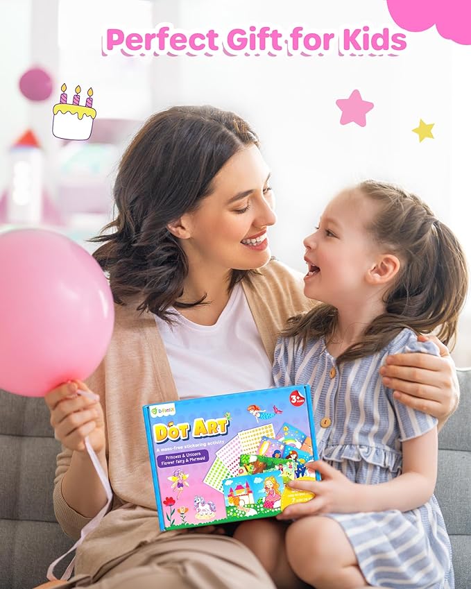D-FantiX Dot Art Sticker Book Kits with Ink Pad, Mess-Free Finger Painting for Toddlers, Unicorn, Princess, Mermaid, Flower Fairy Arts and Crafts, Kids Travel Activities, Girls Easter Basket Stuffers