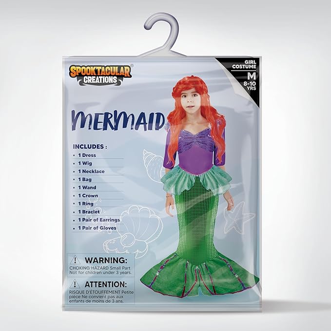 Spooktacular Creations Halloween Little Mermaid Costume for Girls, Sequin Mermaid Dress Set, Dark Purple Princess Dress for Toddler Dress-Up, Cosplay Party (Large, 10-12 yrs)