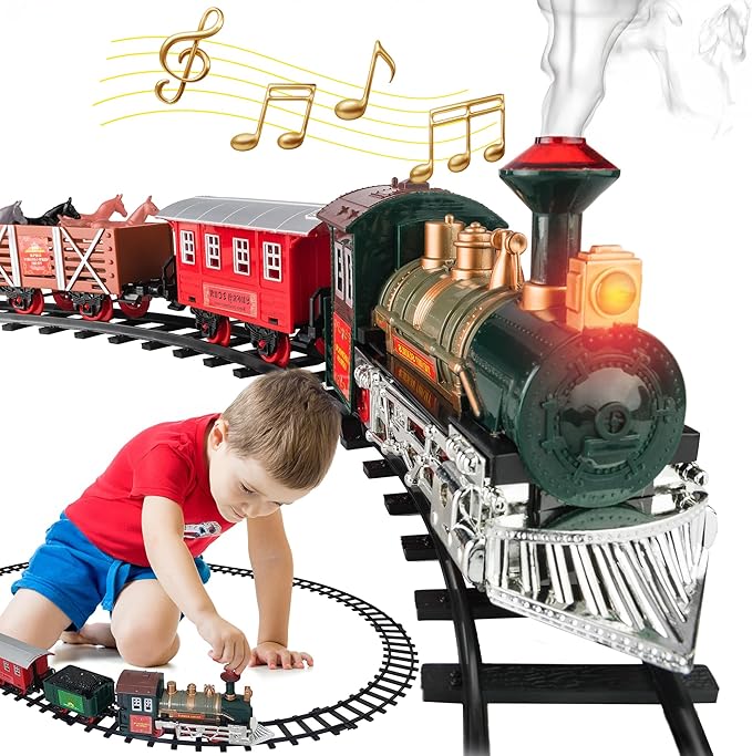 Electric Train Set for Kids Ages 4-8 - Battery-Powered Train Set with Lights & Sounds, Steam Locomotive Engine, Horses & Tracks - Classic Railway Toy Gift for Boys & Girls, Toddler Train Playset