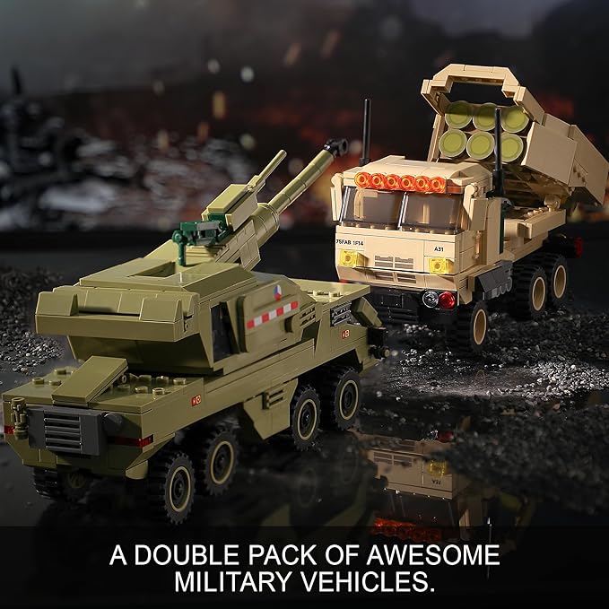 Military Vehicles Building Blocks Sets Compatible with Lego, Includes 2 Army Armored Trucks Toy Models - US M142 HIMARS & Dana M2, Great Army Toys Gift for Boys, Kids, and Teens Ages 8-14