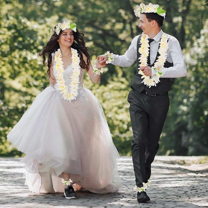 HOBBY HORSE 6 Pieces Hawaiian Luau Flower Leis Halloween Decor Leis White Necklaces Bracelets Headband Anklets Set Tropical Party Favor for Halloween Cosplay Beach Wedding Birthday Party Supplies