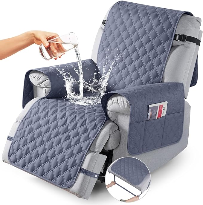 TAOCOCO 100% Waterproof Recliner Covers, Recliner Sofa Covers with Leg Straps, Reversible Recliner Couch Cover for Reclining Chair, Washable Couch Protector for Pets Kids(1 Seater 22", Bluish Gray)