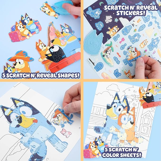 Bluey Scratch ‘n Color Pad, 9-Page Activity Coloring Book, Includes Scratch Art, Stickers for Kids, Bluey Toys, On the Go Activity Playset, Bluey Toys for Toddlers 1-3, Great Gift for Kids Ages 3 & Up