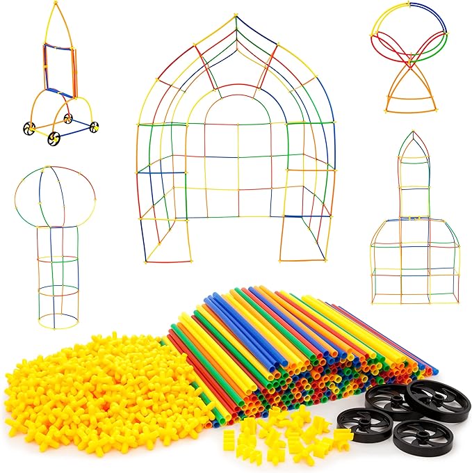 PicassoTiles 600pc Construction Toy Straw Building Set Children STEM Learning Interlocking Building Toys Creative Straw Connecting Builder Kits Early Education Kit for Kids Boys & Girls Ages 3+ PTS600