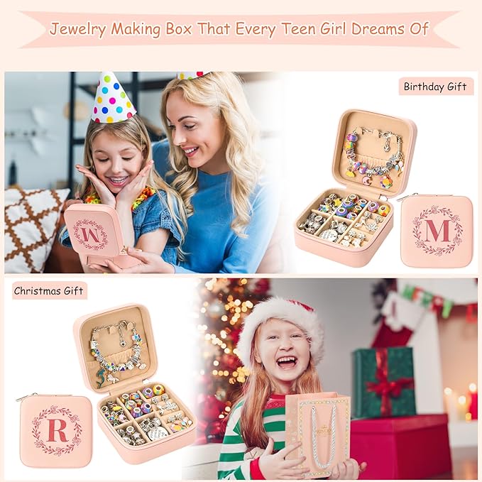 Charm Bracelet Making Kit for Girls 3-12, Kids Jewelry Making Kit 66Pcs Jewelry Kits for Girls Ages 8-12 Jewelry Maker Craft Necklace Birthday Christmas Gifts with Initial Jewelry Organizer Box - M
