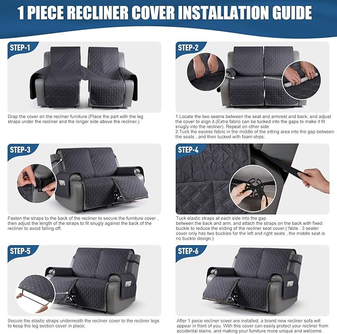 TAOCOCO 100% Waterproof Recliner Covers, Recliner Sofa Covers with Leg Straps, Reversible Recliner Couch Cover for Reclining Chair, Washable Couch Protector for Pets Kids(2 Seater, Charcoal Gray)