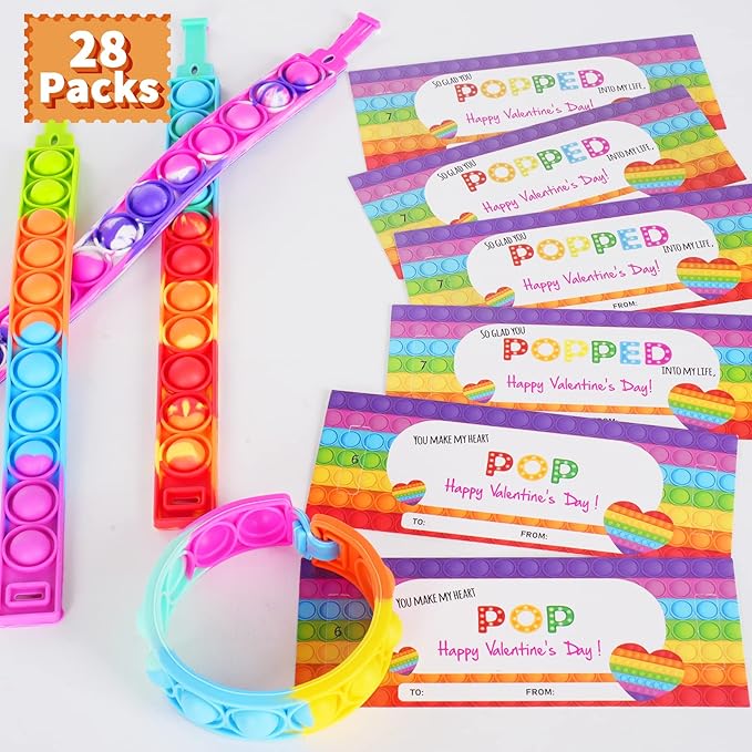 28 Packs Valentines Day Gift Cards with Pop Fidget Bracelets Toy for Kids, Stress Relief Sensory Toy for School Classroom Valentine’s Exchange Greeting Cards, Boys Girls Party Favors
