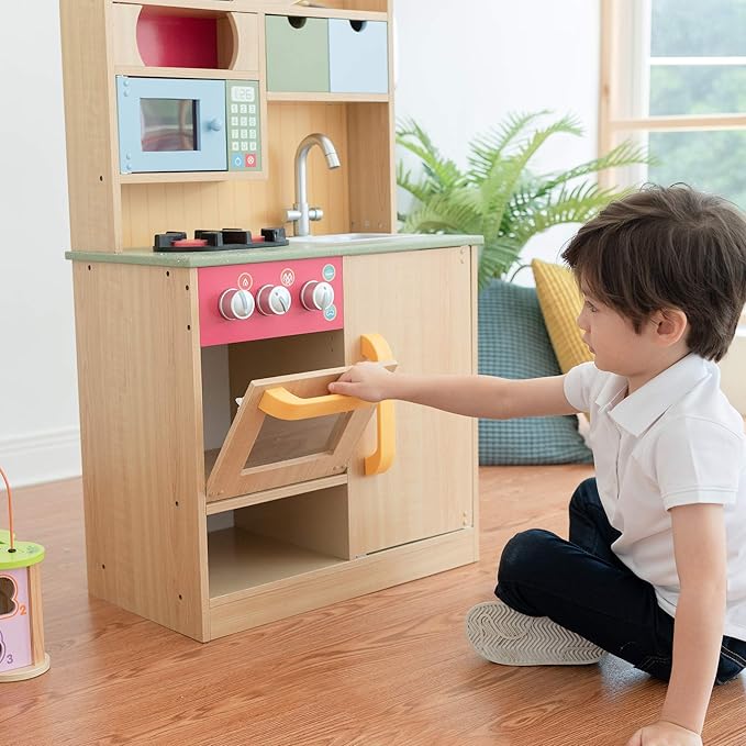 Teamson Kids Little Chef Florence Classic Interactive Wooden Play Kitchen with Accessories and Storage Space for Easy Clean Up, Wood Grain with Red and Yellow Accents