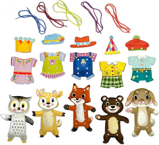 eeBoo: Dress Up Lacing Cards: Woodland Friends - Set of 5 Characters Outfits & Laces, Create Combinations, Preschool Arts & Crafts, Kids Ages 3+