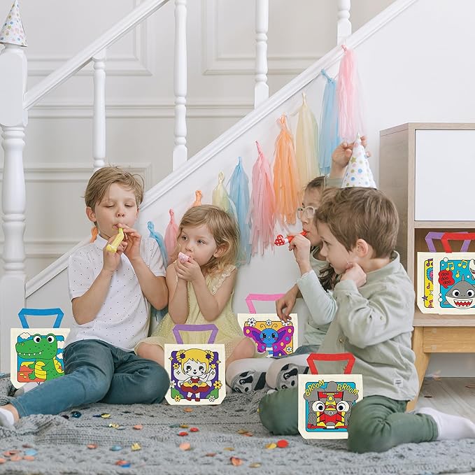 6 Pieces Kids Coloring Goodie Bags, Reusable Canvas Bag, Cute Art Party Favors, Color Your Own Bags for DIY Painting Birthday Carnival Celebration, Party Supplies Gift, Boys