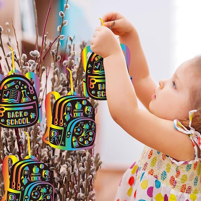 B1ykin School Bag Scratch Cards Gift - Back to School Magic Bag Scratch Paper Art Kit for Kids, DIY First Day of School Scratch Off Hanging Card Party Favors for Classroom Activity Art Project