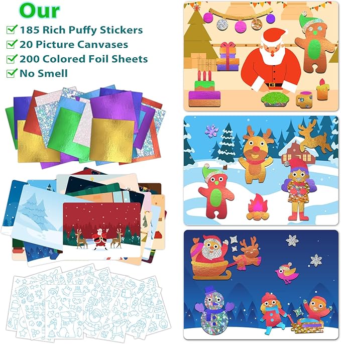 SOOVSY 200 Sheets Christmas Art & Craft Activity, Foil Art Fun Kit for Kids, Foil Art for Kids Crafts Kit DIY Creative Birthday Gifts Travel Toys for 4 5 6 7 8 9 Years Old Kids Girls Boys