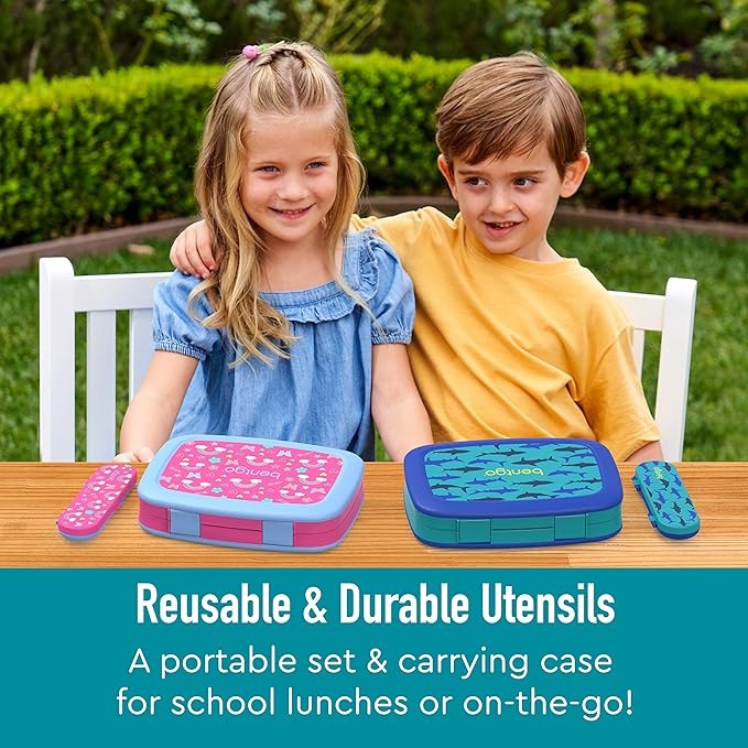 Bentgo Kids Utensil Set - Reusable Plastic Fork, Spoon & Storage Case - BPA-Free Materials, Easy-Grip Handles, Dishwasher Safe - Ideal for School Lunch, Travel, & Outdoors (Shark)