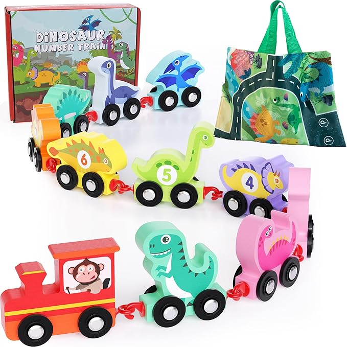 Dinosaur Toys for Toddlers Age 2-4, Wooden Dinosaur Train Set with Playmat/Storage Bag, Montessori Educational Toys for 2+ Years Old Boys & Girls