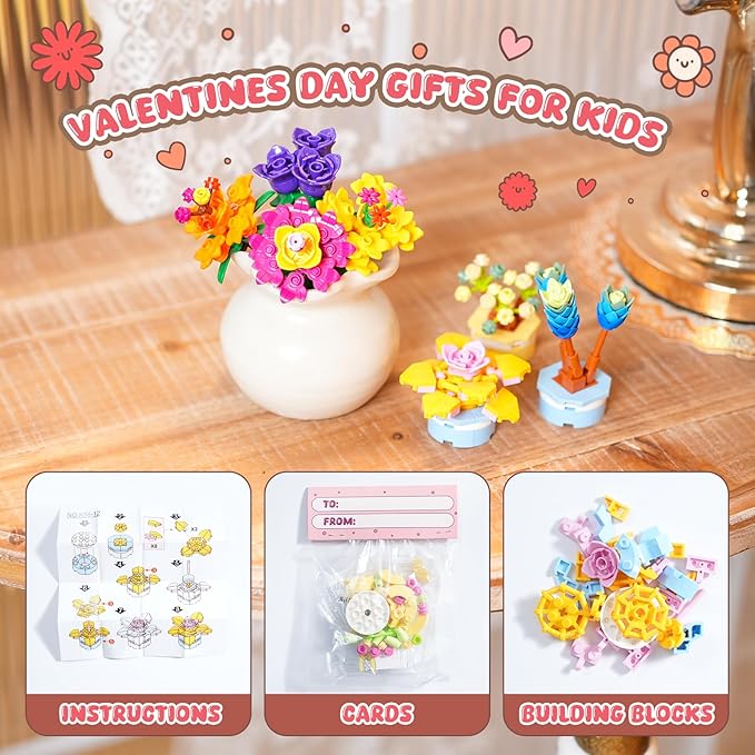 Valentines Day Gifts for Kids, Valentines Day Cards for Kids School with Flower and Succulents Building Blocks, Ideal for Kids Classroom Gift Exchange Building Set, Valentine Party Favor, 24 Packs