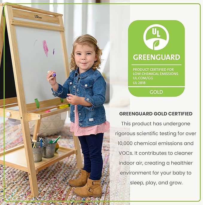 Little Partners Folding EZ Painting Easel for Kids, Dual-Sided Art Easel for Kids Art Station, Folds Flat with Chalkboard, Dry Erase Whiteboard, Paper, Eraser, Paint Cups, Shelf (Natural)