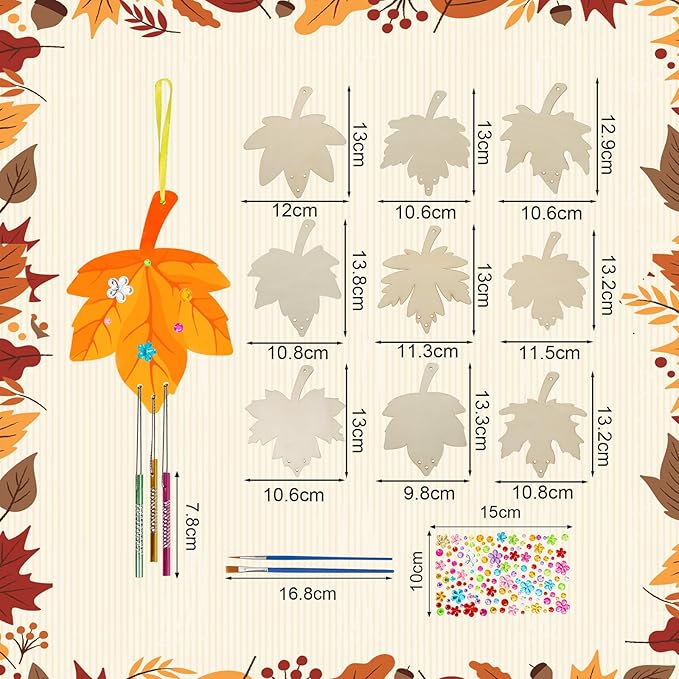 Fennoral 9 Pack Fall Wind Chime Kit for Kids Make You Own Maple Leaf Wind Chime DIY Coloring Fall Craft Wooden Hanging Ornaments Outdoor Activity Autumn Thanksgiving Party Decorations