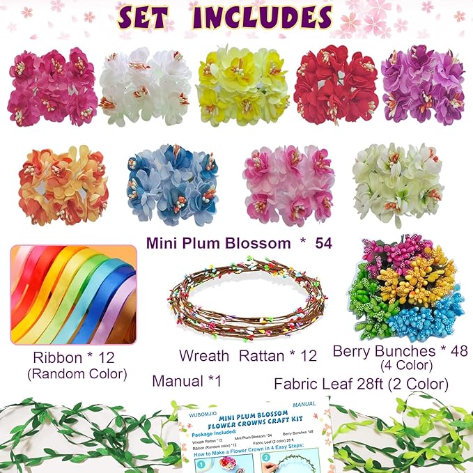 WUBOMJIO Make Your Own Flower Crown Crafting Kit(Mini Plum Blossom Theme)| 130+Piece Set for Endless Creativity | Gift for Creative Girls/Teen/Women