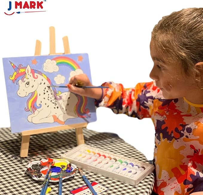 J MARK Pain Set for Kids – Acrylic Kids Painting Kit with Storage Bag, Washable Paints, Easel, Canvases, Brushes and More, Complete Kids Painting Set