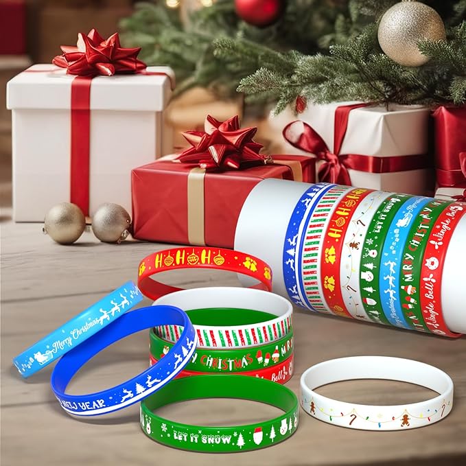 NEBURORA 72pcs Christmas Silicone Bracelet 8 Style Rubber Wristband Xmas Pattern Wrist Band for Merry Christmas Theme Party Decor Supplies