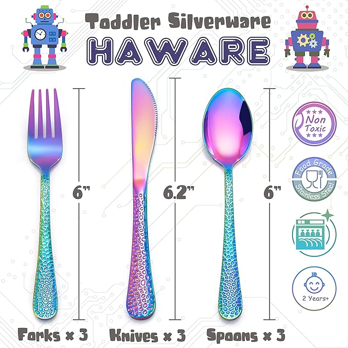 HaWare 9-Piece Toddler Kids Silverware Set, Stainless Steel Hammered Flatware, Preschooler Eating Utensils Includes 3 Spoons 3 Forks 3 Knives, Metal Children Cutlery for Home School, Mirror Finished