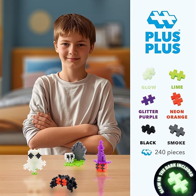 PLUS PLUS 240 Piece Interlocking Building Blocks for Kids, Open Ended Connecting Toys, STEM Bin Classroom Mini Manipulatives - Spooky Mix Play Tube