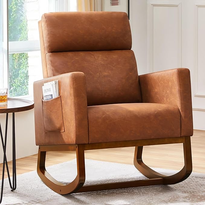 Yaheetech Rocking Chair, Leather Nursery Glider Chair, Upholstered Accent Chair with Rubber Wood Legs and Side Pockets, High Back Armchair for Living Room, Bedroom, Brown