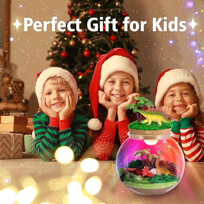 Dinosaur Light-Up Terrarium Kit for Kids- Dinosaur Birthday Gifts for Boys Ages 4 5 6 7 8-12 Year Old- Dinosaur Toys for Boys with Multicolor LED Light & Remote