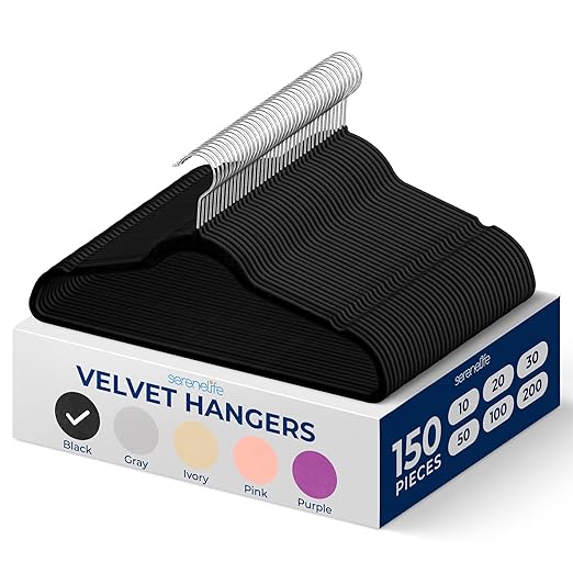 SereneLife Non-Slip Velvet Hangers, Mega Pack, 150 Pieces Hangers for Clothes, Heavy Duty Cloth Hanger Set with 360 Degree Swivel Hook, Black