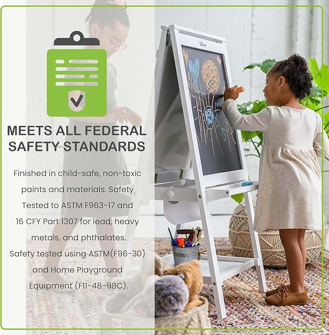 Little Partners Folding EZ Painting Easel for Kids, Dual-Sided Art Easel for Kids Art Station, Folds Flat with Chalkboard, Dry Erase Whiteboard, Paper, Eraser, Paint Cups, Shelf (Soft White)