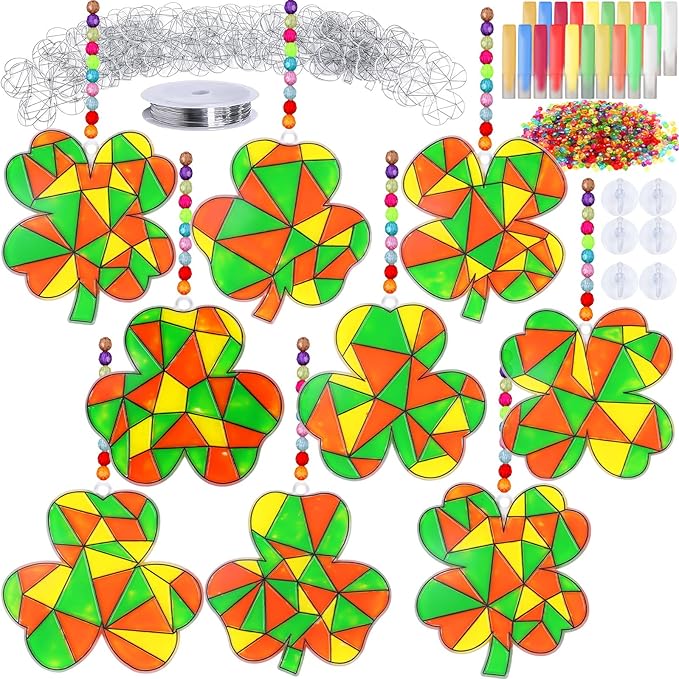 Qyeahkj 32 Sets St. Patrick's Day Suncatcher Crafts Kit for Kids DIY Shamrock Window Paint Suncatcher Arts Crafts Window Ornament Decor for St. Patrick's Day Gift Classroom Art Project Gift Favor