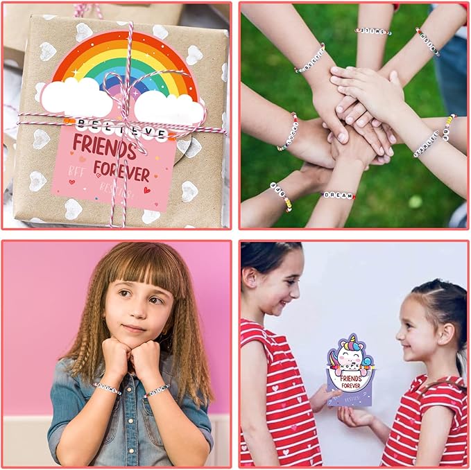 DAZONGE Valentines Day Gifts for Kids, Pack of 24 Friends Forever Valentines Cards with Friendship Bead Bracelets for Classroom Prizes, Exchange Gift, Valentine’s Day Cards for Kids School