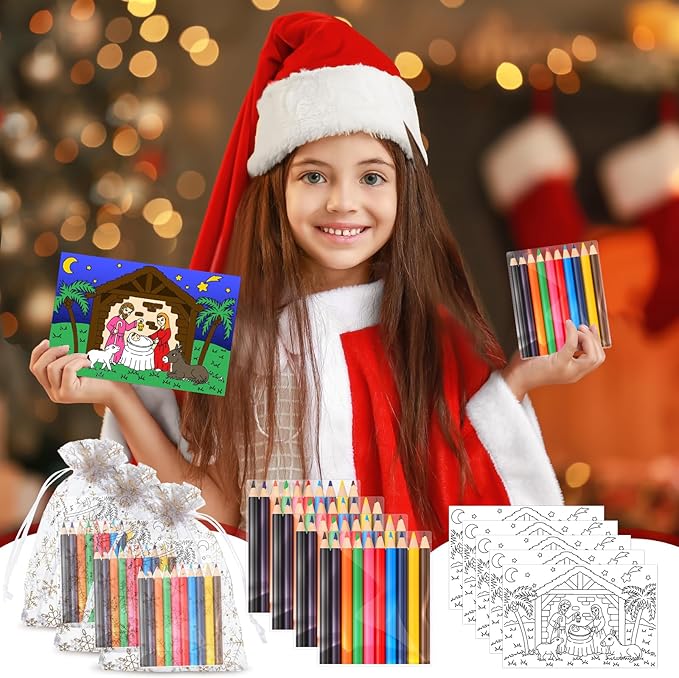 Qilery 25 Sets Christmas Activities Nativity Scene Coloring Page Bulk for Kids Coloring Page with Coloring Pencils and Organza Gift Bag Xmas DIY Art Drawing Page for Kids School Party Favor