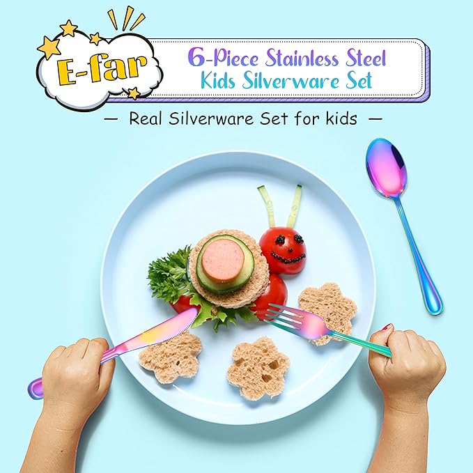 E-far 6-Piece Kids Silverware, Stainless Steel Toddler Utensils Safe for Preschooler/Children, Includes 2 Forks 2 Spoons 2 Knife, Slimline Adult Look & Small Size, Rust Free & Dishwasher Safe-Rainbow