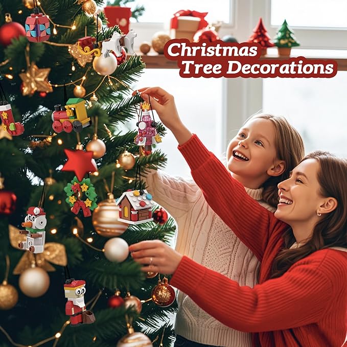 NKTOIEYS Christmas Ornaments Building Sets,24 Packs DIY Christmas Tree, Wreath Santa, Snowman,2024 New Decorative Hanging Xmas Ornaments Building Toys Best Festival Gift for Kids