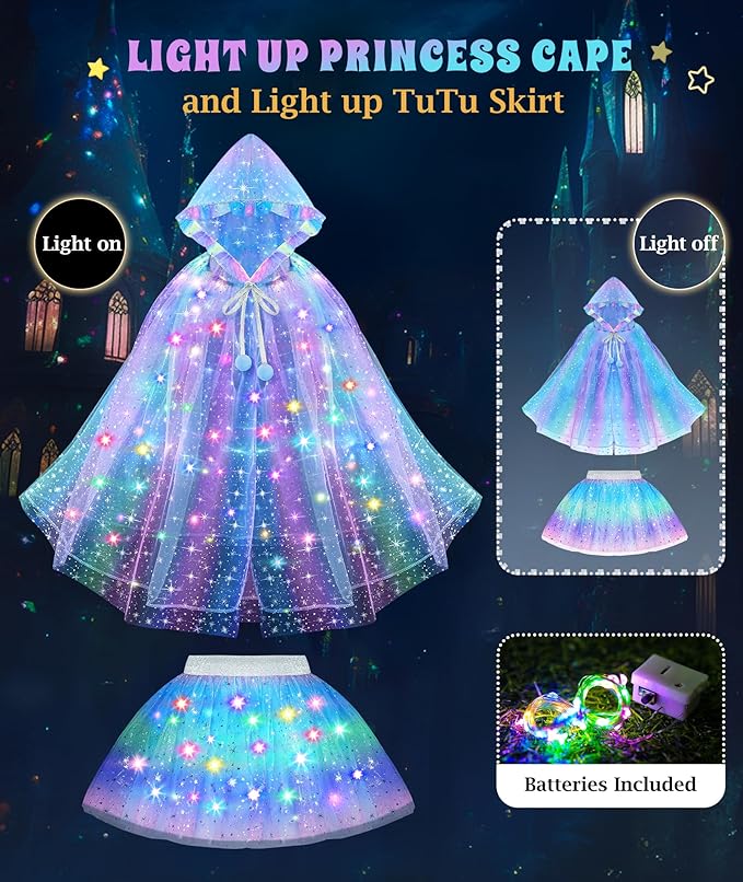 Princess Dress Up for Girls, Light up Princess Cape Princess Dress Costume Crown Wand Gifts for Toddler Girls 3 4 5 6