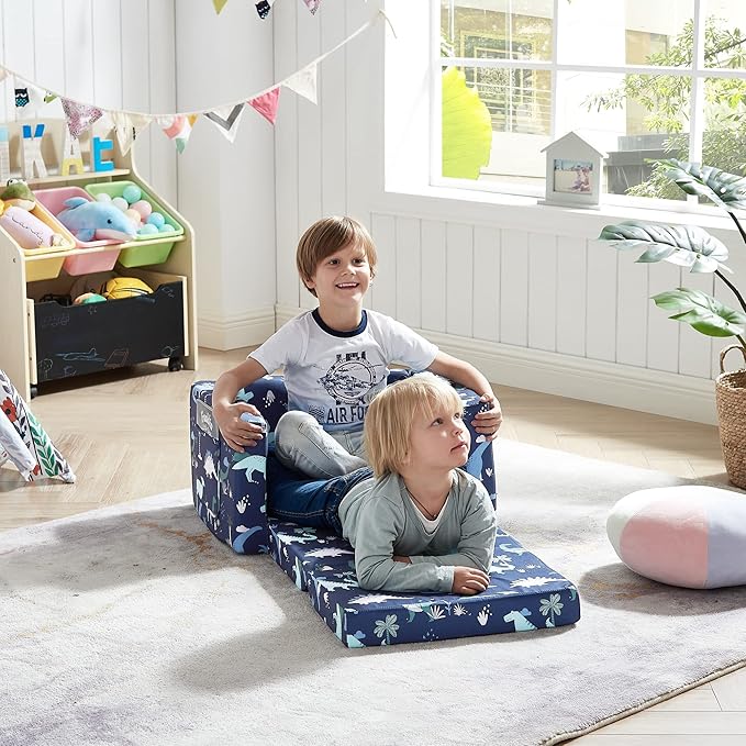 Ulax furniture Children Sofa Chair for Reading, Kids FILP-Out Polyurethane Chair, Lightweight, Convertible Sofa to Sleeper Couch (Navy Dinosaur)