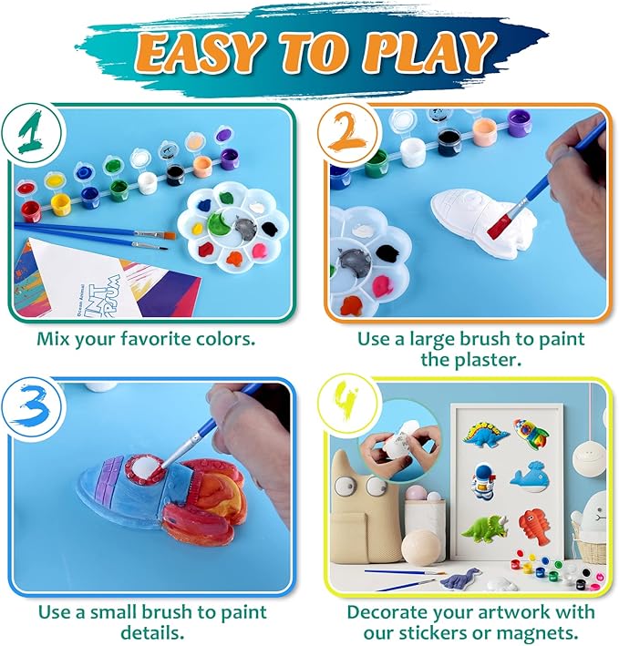 Juboury Kids Arts and Crafts Set Painting Kit - Plaster Painting Craft Kit Art Set - Painting Your Own Space Dinosaurs & Marine life Figurines - Ceramic Painting Kit for Kids, Girls, Boys, Toddlers