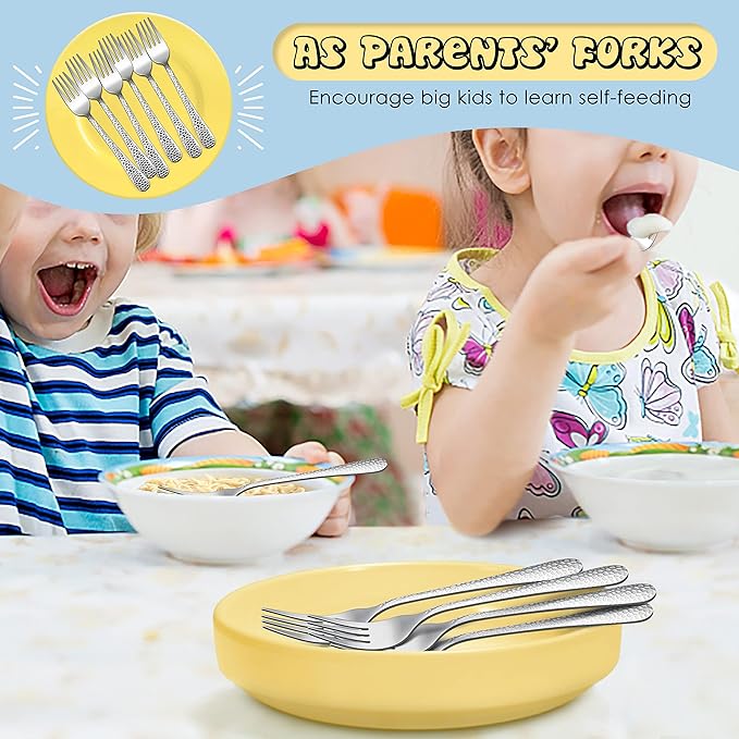 E-far Stainless Steel Kids Forks, 6-Piece Toddlers Forks Safe for Preschooler/Children, Hammered Adult look & Small Size, Rust Free & Dishwasher Safe