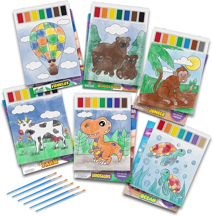 Imagination Works® Paint with Water Books for Kids, 6 Pack | Watercolor Coloring Book Set for Toddler Activities | Spillproof Kids Paint Palette on Each Page | Airplane Toys & Travel Toys for Kids