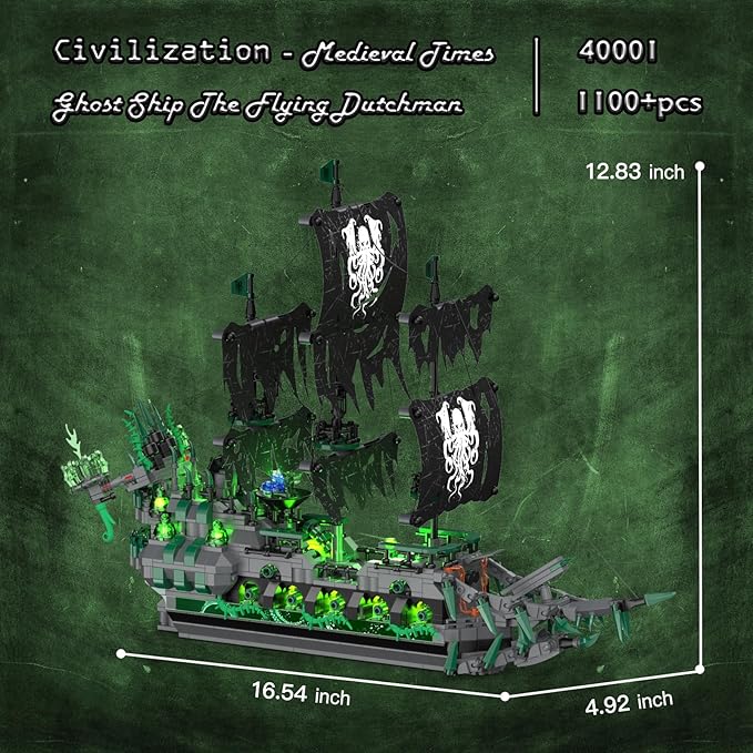 JMBricklayer Pirate Ship Building Toys with Lights, Ghost Ship Flying Dutchman Model Ship Boat 40001, Toy Building Sets for Adults, Halloween Decor Christmas Birthday Gifts for Boys Girls 14+