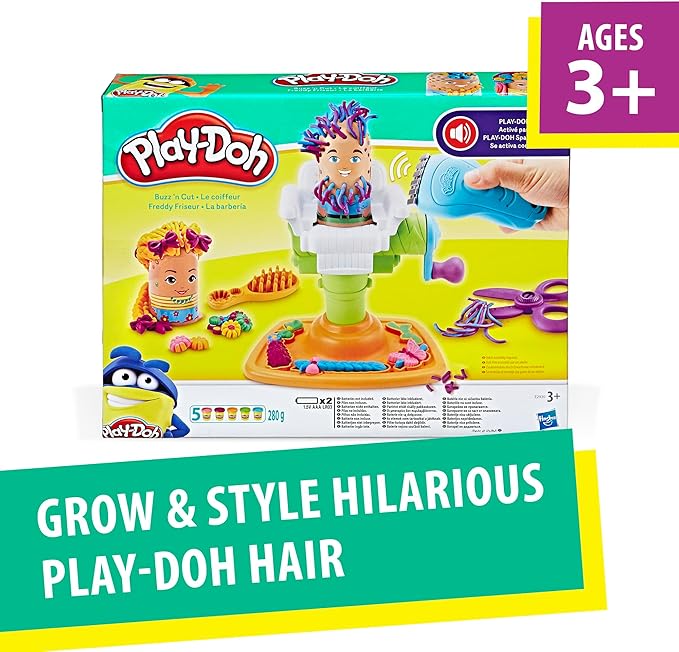 Play-Doh Buzz 'n Cut Fuzzy Pumper Barber Shop Set, Electric Buzzer, 5 Colors of 2-Ounce Cans, Preschool Toys, Christmas Gifts Girls & Boys, Ages 3+ (Amazon Exclusive)