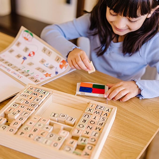 Melissa & Doug Deluxe Letters and Numbers Wooden Stamp Set ABCs 123s With Activity Book, 4-Color Stamp Pad ABC Stamps, Kids Arts & Crafts, Letter Stamps, For Kids Ages 4+ - FSC-Certified