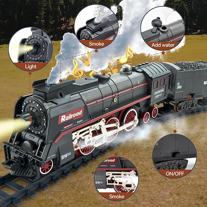 Train Set with More Tracks & Carriages, Luxury Train Toys with Smoke, Light and Sound, Christmas Train Sets for Around The Tree, Toy Train Set for 3 4 5 6 7 8+ Years Old Boys Toddlers Gifts