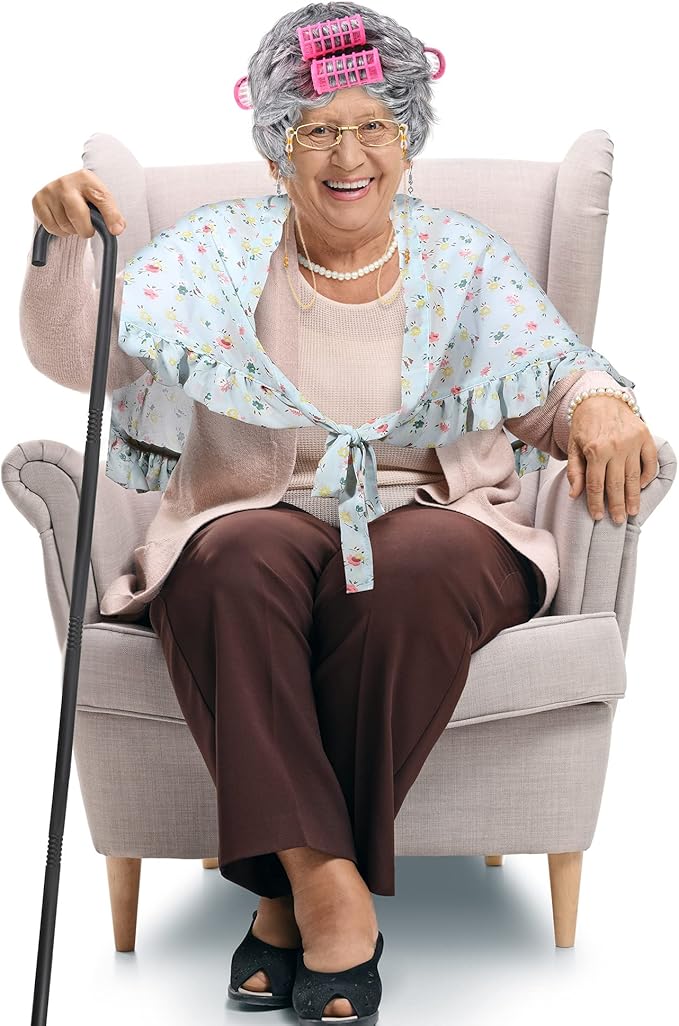 Tatuo 7pcs Halloween Old Lady Costume Granny Wig Shawl Cane Frame Glasses with Chain Pearl Necklace Bracelet Earrings