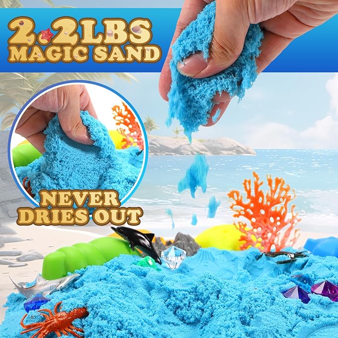 Mermaid Sensory Bin for Girl, Magic Sand Art Kit with LED Light, 2.2lbs Sensory Sand, Ocean Sea Animals, Sand Box with lid, Mermaid Toy Christmas Birthday Gift for Girls Ages 3 4 5 6 7 8…